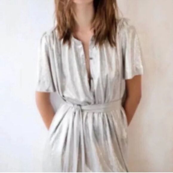 Sabina Musayev Shimmer Short Sleeve V Neck Waist Tie Dress - Picture 4 of 11